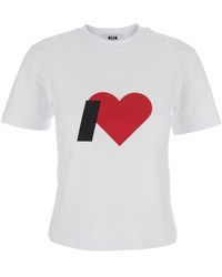 MSGM - Crewneck T-Shirt With Print On The Front And Logo Lettering On The Rear - Lyst