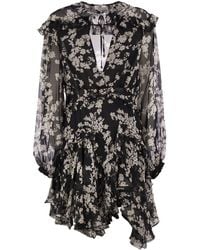 Elisabetta Franchi - Printed Silk Voile Dress With Ruffles - Lyst