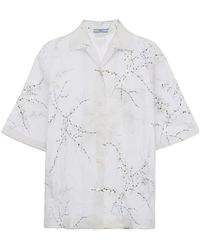 Prada - Floral-embroidered Short-sleeved Sheer Shirt - Lyst