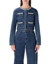 Self-Portrait - Cropped Denim Jacket With Crystal Chain Trims - Lyst