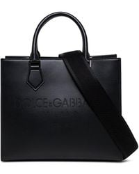 Dolce & Gabbana Black Leather Tote Handbag With Logo