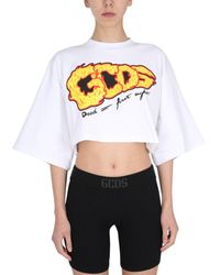 Gcds Cropped Crew Neck Cotton Sweatshirt With Logo Print - White