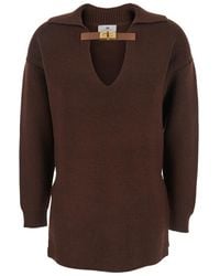 Elisabetta Franchi - Brown Sweater With Polo Shirt Style Collar And Buckle Detail On The Front In Wool Blend Woman - Lyst