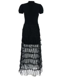 Twinset - Black Long Dress With Logo Plaque On The Front And Semi Sheer Skirt In Wool Blend Woman - Lyst