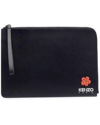 KENZO - Black Clutch Bag With Logo Patch And Wrist Strap In Leather Man - Lyst
