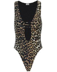 Ganni - Leopard-print Cut-out Swimsuit - Lyst