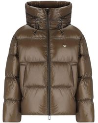 Emporio Armani - Brown Hooded Down Jacket With Logo - Lyst