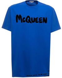 Alexander McQueen E Cotton T-shirt With Logo Print Man - Blue
