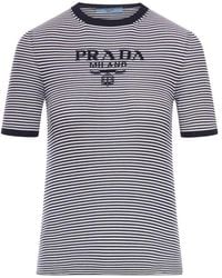 Prada - Striped Silk Crewneck Sweater With Logo - Lyst