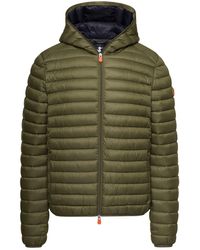 Save The Duck - Green Hooded Puffer Jacket With Logo And Zip Fastening In Nylon Man - Lyst