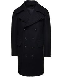 DSquared² - Black Coat With Double-breasted Fastening And Branded Buttons In Wool - Lyst