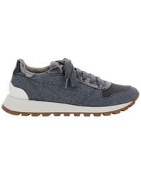 Brunello Cucinelli - Grey Low Top Sneakers With Monil Detail On The Side And Embossed Logo Lettering On The Rear In Fabric Woman - Lyst