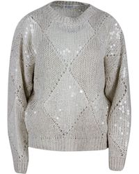 Brunello Cucinelli Crewneck Sweater With Applied Macro Sequins - Natural