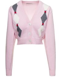 Alessandra Rich - Pink Cardigan With 'diamond' Motif And Embroidered Rose Detail In Wool Woman - Lyst