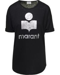 Isabel Marant - 'koldi' Black Crewneck T-shirt With Contrasting Logo In Linen Isabel Marant Etoile - Lyst