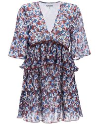 Ganni - Pleated Mini Dress With Floral Motif - Lyst
