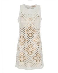 Twinset - White Dress With Knitted Design And All-over Floral Embroidery In Cotton Woman - Lyst