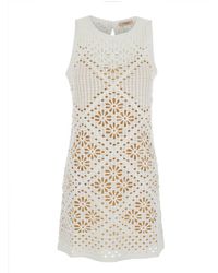 Twinset - White Dress With Knitted Design And All-over Floral Embroidery In Cotton Woman - Lyst