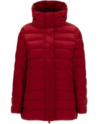 Save The Duck - 'drimia' Long Red Down Jacket With Tonal Logo Patch In Shiny Leather Woman - Lyst