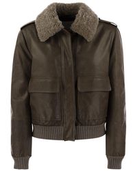 Brunello Cucinelli - Leather Bomber Jacket And Shearling Collar - Lyst