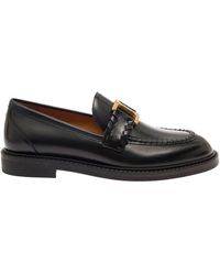 Chloé - 'marcie' Black Loafers With Gold-colored Metal Logo In Smooth Leather Woman - Lyst