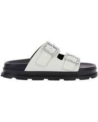 Pollini - White Sandals With Rhinestone Buckle In Hammered Leather Woman - Lyst