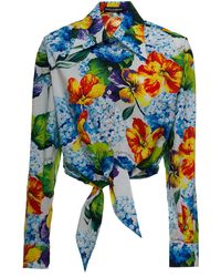 Dolce & Gabbana Cropped Cotton Poplin Shirt With Hydrangea Print And Bow Detail - Blue