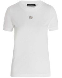 Dolce & Gabbana - Crewneck T-Shirt With Logo Embroidery With Crystals On The Front - Lyst