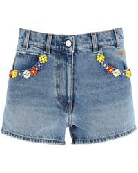 MSGM Denim Shorts With Bead Floral Detailing - Blue