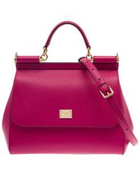 Dolce & Gabbana - 'small Sicily' Fuchsia Handbag With Branded Galvanic Plaque In Dauphine Leather Woman - Lyst