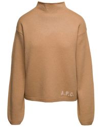 A.P.C. - Beige Mock Neck Sweater With Embroidered Logo In Wool Woman - Lyst