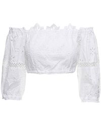 Temptation Positano - Embroidered Off-shoulder Cropped Top In White Cotton Woman - Lyst