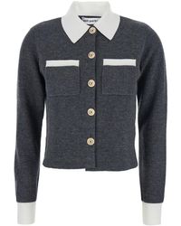 Self-Portrait - Cropped Cardigan With Contrasting Classic Collar And Two Front Patch Pockets - Lyst