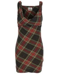 Vivienne Westwood - 'anna' Red Sleeveless Dress With Draped Neckline And All-over Check Motif In Cotton Woman - Lyst