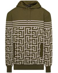 Balmain - Military Green Hoodie With Monogram And Stripes In Wool And Linen Man - Lyst
