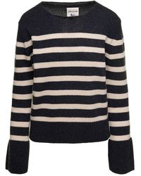 Semicouture - Grey Striped Sweater With Wide Crewneck And Long Sleeves In Wool Woman - Lyst