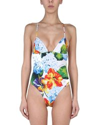 Womens Beachwear and swimwear outfits Dolce & Gabbana Beachwear and swimwear outfits Dolce & Gabbana Printed Scoop-neck Swimsuit in Blue 