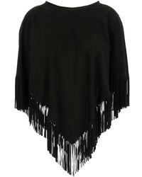 Plain - Black Fringed Suede Poncho In Leather Woman - Lyst