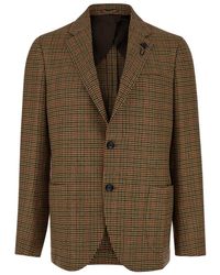 Lardini - Dark Beige Single-breasted Jacket With Check Motif In Wool And Cashmere Man - Lyst