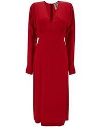 Semicouture - Midi Red V Neck Dress With Long Sleeve In Acetate And Silk Blend Woman - Lyst
