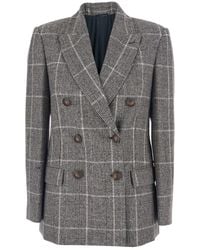 Brunello Cucinelli - Double-Breasted Jacket With All-Over Check Motif - Lyst