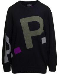 A.P.C. - Black Crewneck Sweater With All-over Multicolor Logo In Wool Woman - Lyst