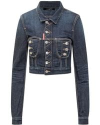 DSquared² - Blue Denim Crop Jacket With Zip And Buttons - Lyst