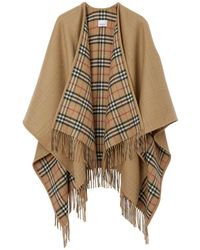 Burberry - Reversible Wool Cape With Check Motif And Frayed Hem - Lyst