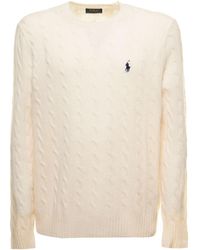 Polo Ralph Lauren - White Cable-knit Crewneck Sweater With Front Contrasting Logo Embroidery In Wool And Cashmere Man - Lyst