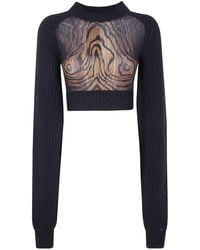 Jean Paul Gaultier - Lambswool Ribbed Long Sleeves Cropped Sweater With Printed Mesh Cut Out Details - Lyst