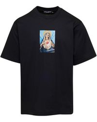 Dolce & Gabbana - Black Crewneck T-shirt With Print And Fusible Rhinestone In Cotton Man - Lyst