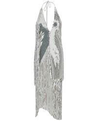 ROTATE BIRGER CHRISTENSEN - Midi Silver Dress With Fringes And Paillettes In Stretch Fabric Woman - Lyst