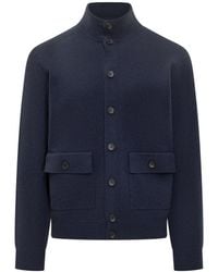 FILIPPO DE LAURENTIIS - Blue Wool Cardigan With Pockets And High Collar - Lyst