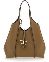 Tod's - 'Timeless T' Tote Bag With Two Top Handles And Logo Plaque On The Front - Lyst